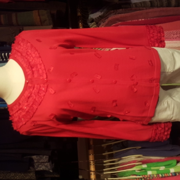 ANN TRINITY ♡ Gorgeous Red Ribbon Sequin Embellished Bling Button Front Blouse M - Picture 5 of 16